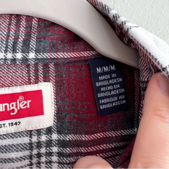 Wrangler Men’s Plaid Flannel Shirt Button Down Red White Western - Size Medium - Picture 5 of 8